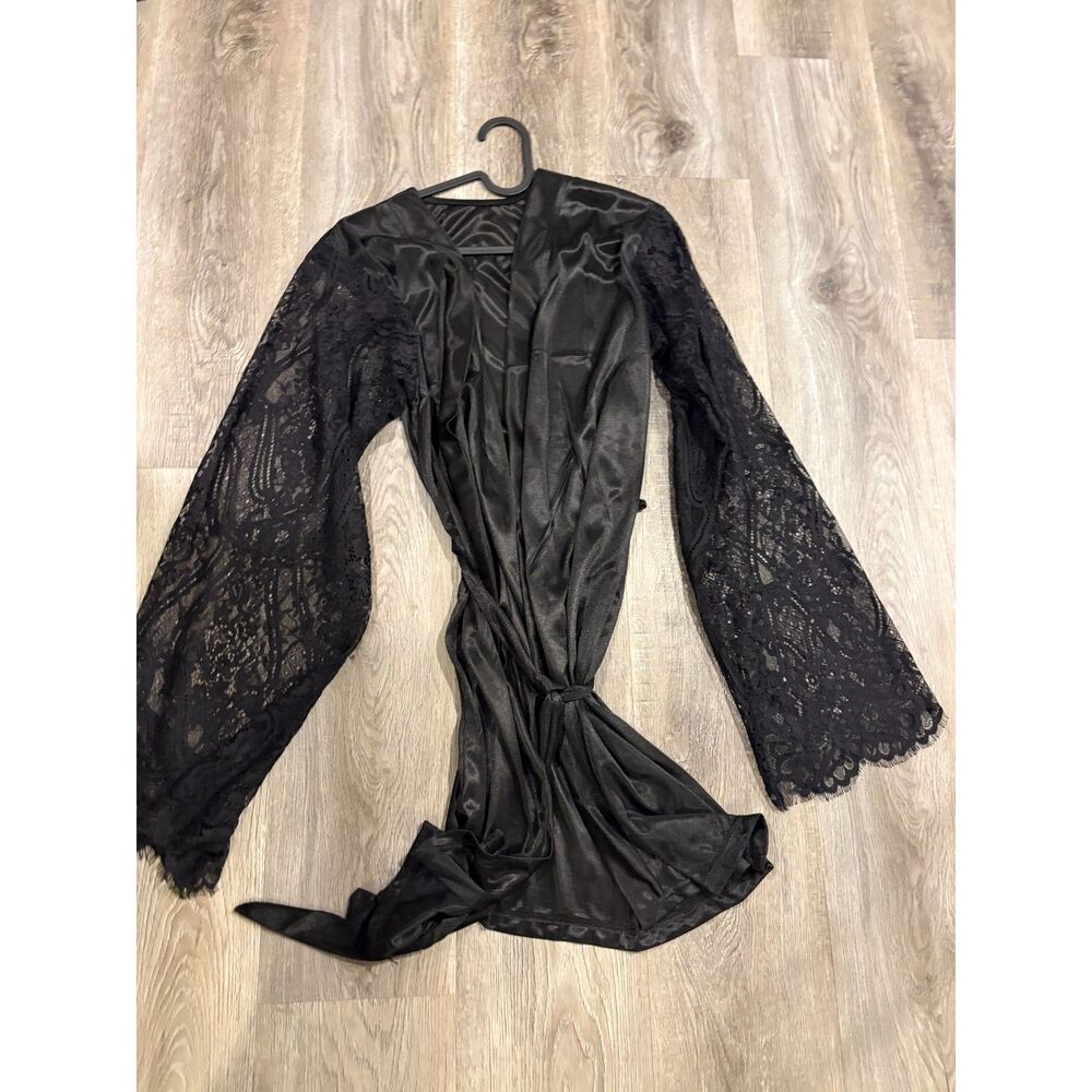 Black Satin Robe with Full Lace Sleeves NWT